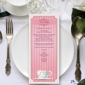 Pink Tea Party Bridal Shower, High Tea or Event Printable Menu Card, 4" x 9.25" Template - Editable PDF, Instant Download