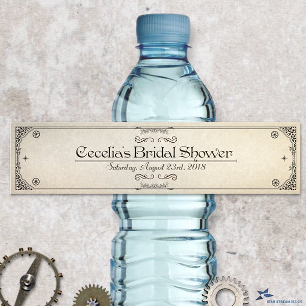 Printable Steampunk Water Bottle Labels - Bridal Wedding Shower; Personalized 8" x 2" Labels - Editable PDF, Instant Download