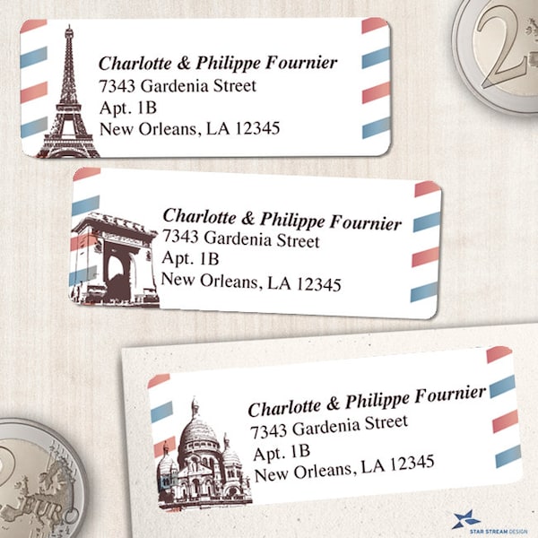 French Parisian Airmail Printable Return Address Labels - White, Personalized 2 5/8" x 1" Address Labels, Editable PDF, Instant Download