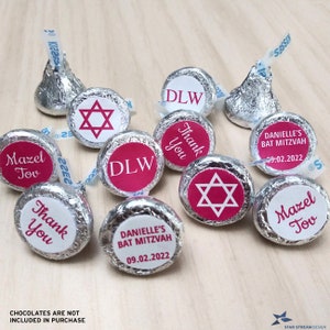 Pink Bat or B&#39;not Mitzvah Chocolate Candy Kisses Printable Sticker Labels; Editable PDF, Instant Download