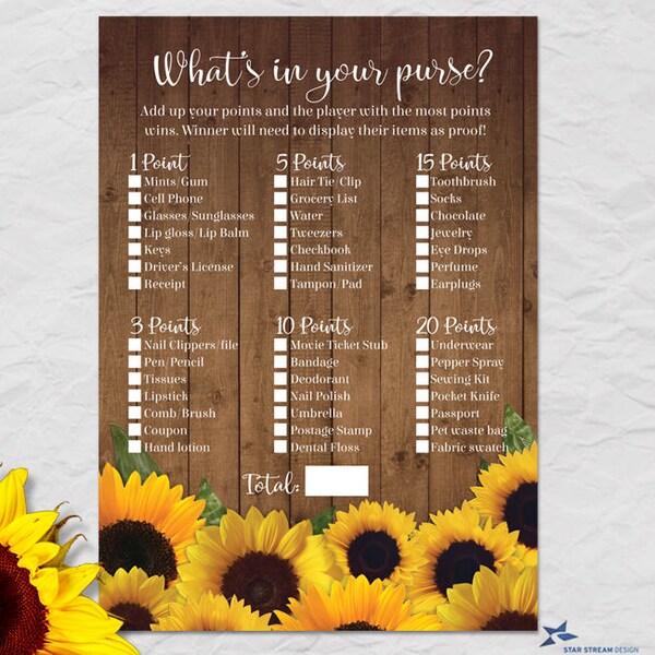 Printable Rustic Watercolor Sunflower Bridal Shower What's In Your Purse Game Card, 5"x7" Cards, PDF and JPG Instant Download (not editable)