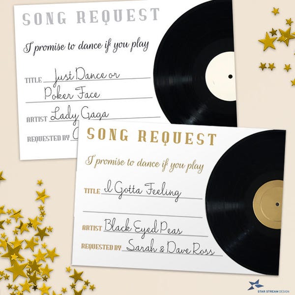 Vintage Vinyl Record Printable Song Request Cards, Wedding Event Song Request, Set of 4, 5"x3.5" cards, Instant Download PDF and JPGs