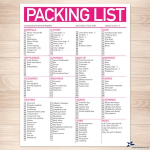 Modern Bright Pink Printable Packing List, 8.5"x11", Editable PDF, Instant Download Checklist