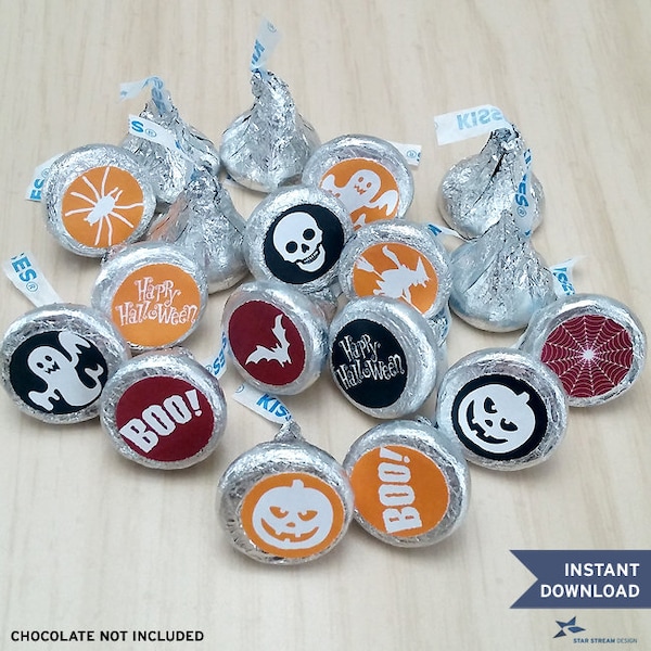 Halloween Holiday Symbols Printable Chocolate Kisses Stickers Labels; (non-editable) PDF and JPG, Instant Download