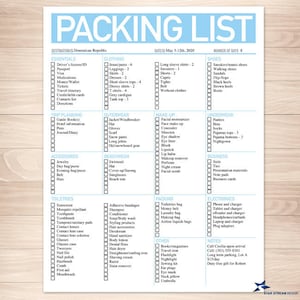Modern Light Blue Printable Packing List, 8.5&quot;x11&quot;, Editable PDF, Instant Download Checklist