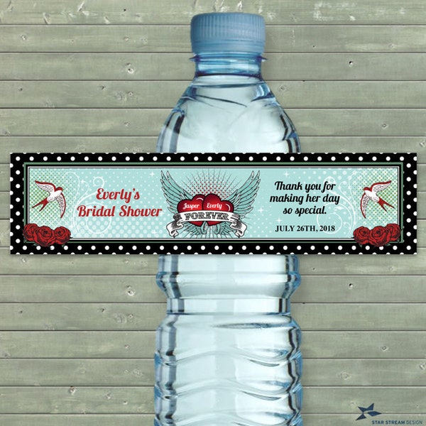 Rockabilly Polka Dot Printable Water Bottle Labels - Bridal Wedding Shower; Personalized 8" x 2" Labels - Editable PDF, Instant Download