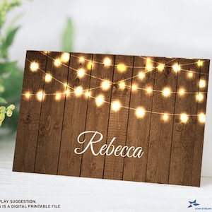 Rustic Party Lights Personalized Printable Place cards; 3.5"x2" Folded Cards, Editable PDF, Instant Download