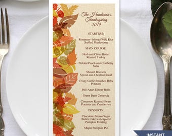Autumn Leaves Edge Thanksgiving or Fall Dinner Printable Menu Card, 4" x 9.25" Card Template - Editable PDF, Instant Download