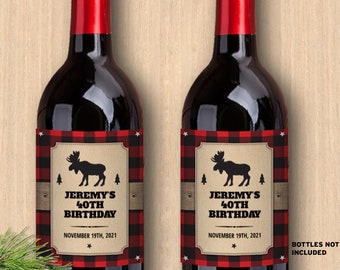 Red Buffalo Plaid Moose Wine Bottle Labels: Rustic Northwoods Decor (Editable PDF, Instant Download)