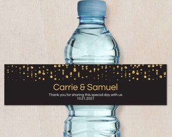 Printable Gold Glitter Look Confetti Rain Bottle Labels - Bridal Wedding Shower; Personalized 8" x 2", Editable PDF, Instant Download