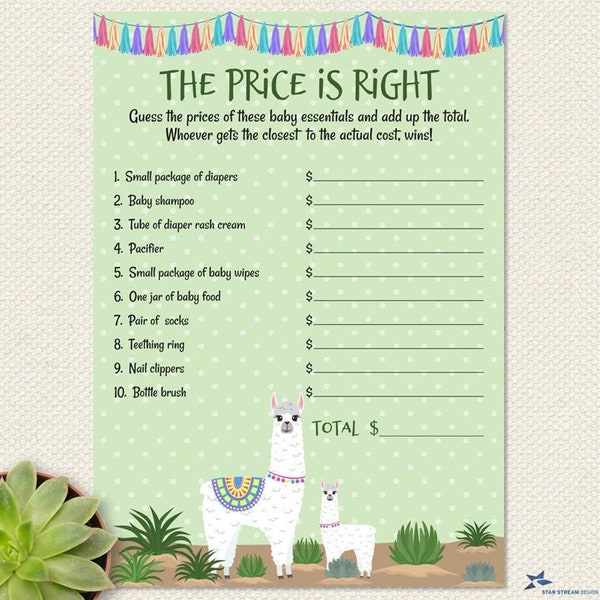 Printable Mama Llama and Baby Polka Dot Price is Right Baby Shower Game Card - 5"x7", Instant Download JPG and PDF (not editable)