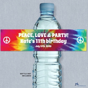 May include: A colorful tie-dye water bottle label with peace signs and the text "PEACE, LOVE & PARTY! Kate's 11th birthday July 12th, 2023".