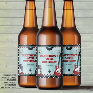 Rockabilly Music Polka Dot Beer Bottle Labels; Birthday Party, Special Occasion, Personalized Labels - Editable PDF, Instant Download