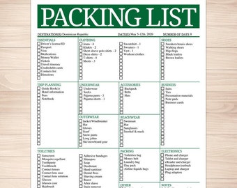 Modern Green Mens or Unisex Printable Packing List, 8.5"x11", Editable PDF, Instant Download Checklist