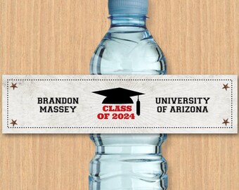 Rustic Grad Cap Graduating Class Printable Bottle Labels, Red - Graduation; Personalized 8" x 2", Editable PDF, Instant Download