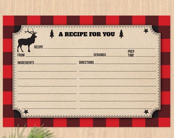 Printable Buffalo Plaid Elk Rustic Faux Kraft Paper Recipe Card, Bridal Wedding Shower, 6"x4", PDF and JPG, Instant Download (not editable)