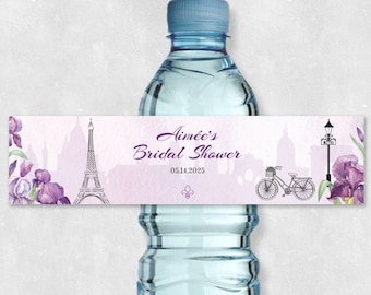 Paris Purple Iris Printable Water Bottle Labels - Bridal Shower, Baby Shower, Birthday Party; 8 x 2, Editable PDF, Instant Download