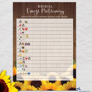 Tarjeta de juego Emoji de despedida de soltera imprimible de girasoles rústicos con clave de respuesta, tarjetas de 5"x7, descarga instantánea PDF y JPG (no editable)