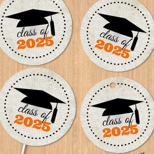 Klasse von 2025 Graduation Cap 1,5 "druckbare Bilder - Orange, Instant Download, für Umschlag Dichtungen, Aufkleber, Tags, Knöpfe, Cupcaketoppers