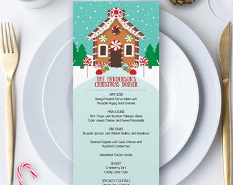 Gingerbread House Christmas Holiday Meal Menu Card, 4" x 9.25" Card Template - Editable PDF, Instant Download
