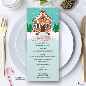 Op de afbeelding: Een kerstmenu met een illustratie van een peperkoekhuis. Het menu bevat voorgerechten, hoofdgerecht, bijgerechten, dessert en speciale cocktails. De tekst luidt "Het kerstdiner van de Hendersons".