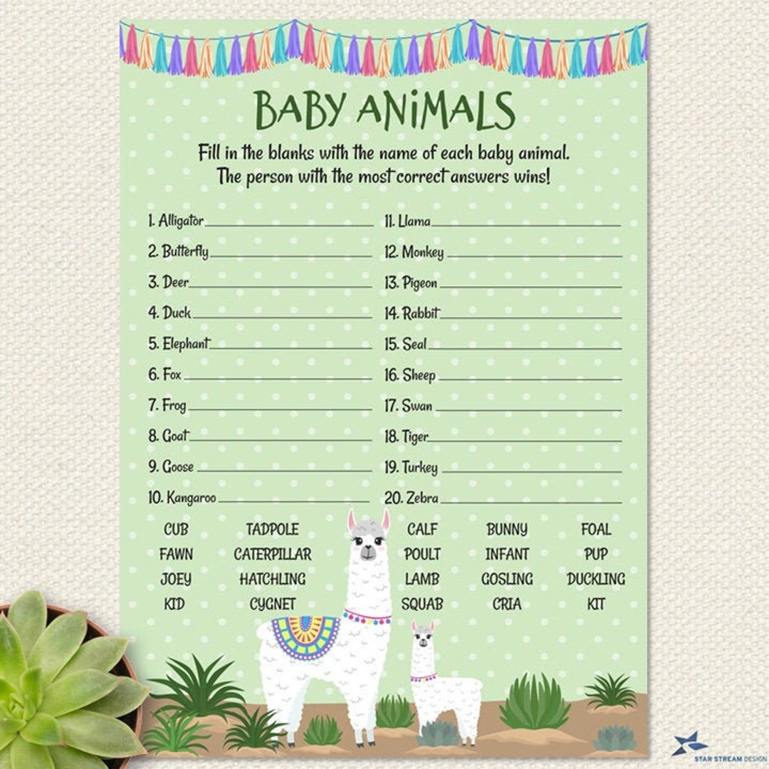 Printable Mama Llama and Baby Polka Dot Baby Animals Shower Game Card ...