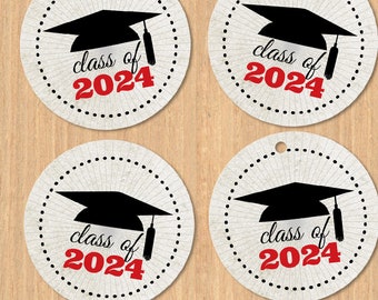 Class of 2024 Graduation Cap 1.5" Printable Images - Red, Instant Download, for envelope seals, stickers, tags, buttons, cupcake toppers