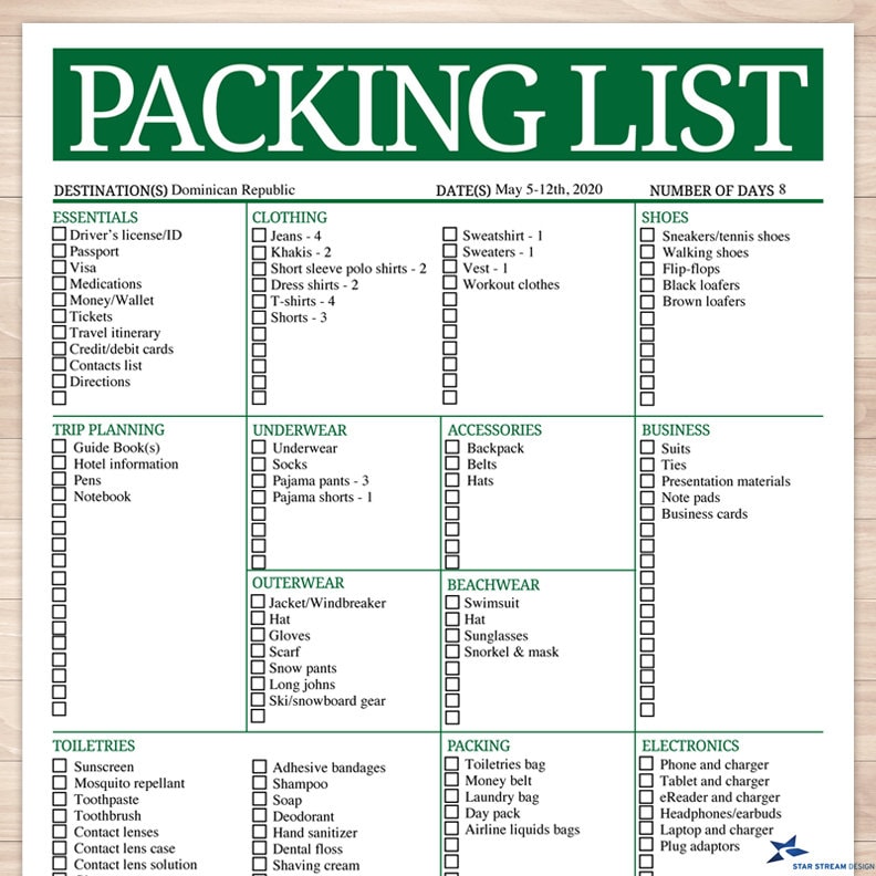 Modern Green Mens or Unisex Printable Packing List | Etsy