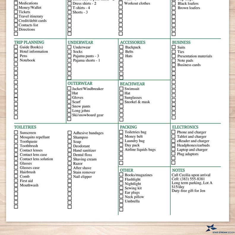 Modern Green Mens or Unisex Printable Packing List | Etsy