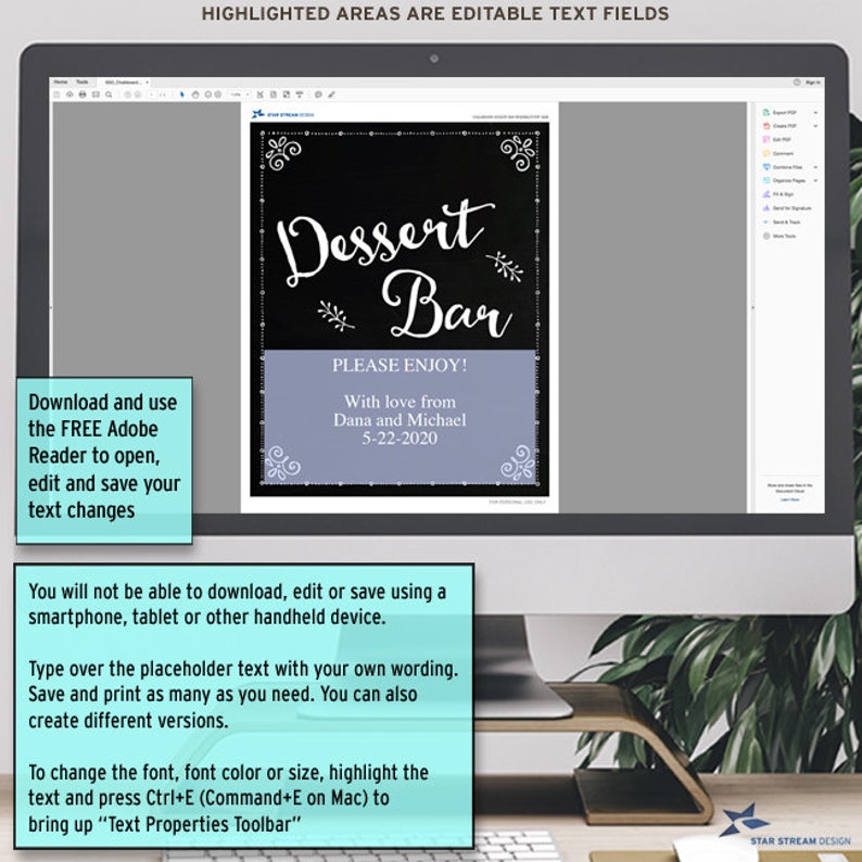 - Black Printable Chalkboard Dessert Bar Wedding or Event Sign 2 sizes: 8x10 and 5x7 Editable PDF Instant Download