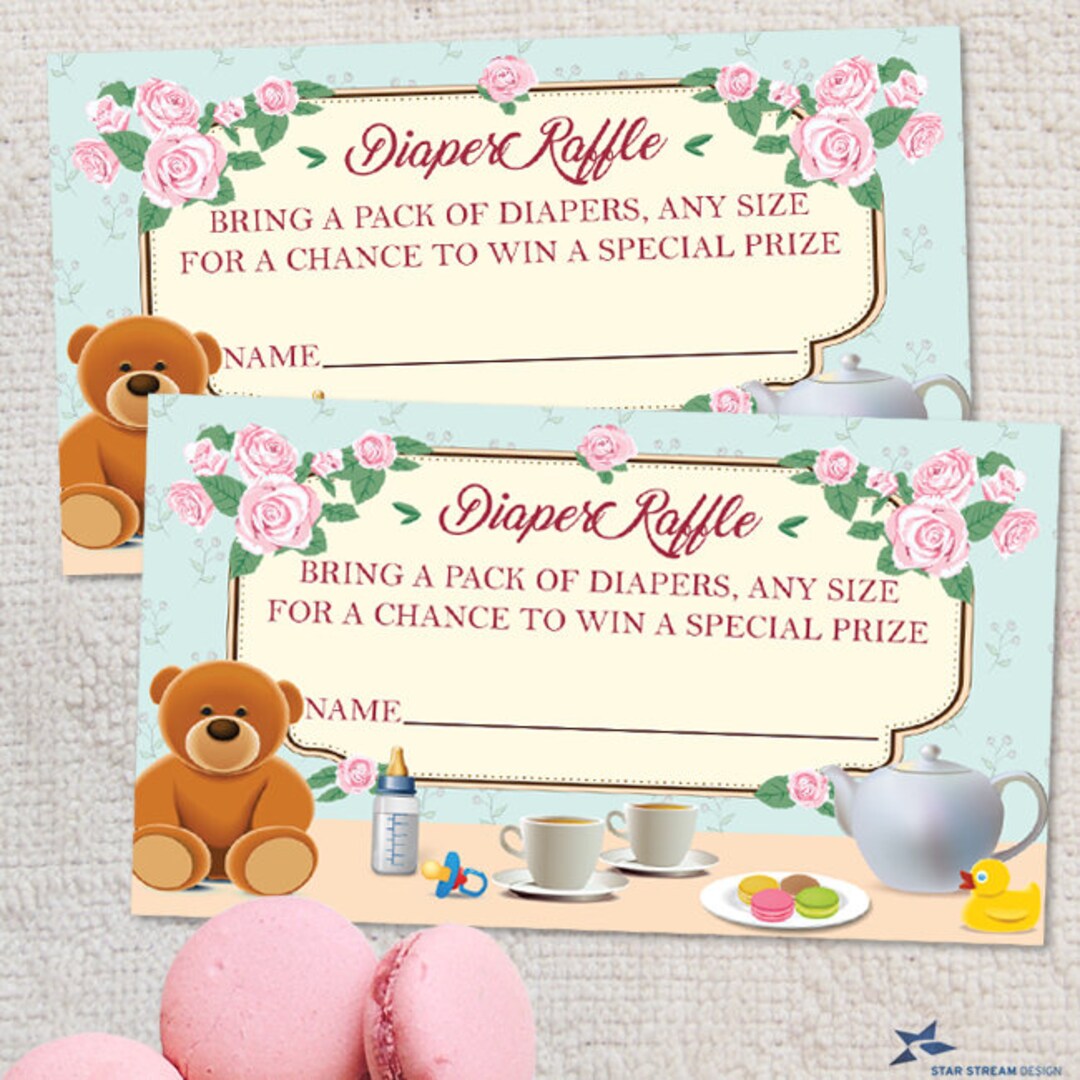 Printable Tea Party Baby Shower Diaper Raffle Card, 3.5