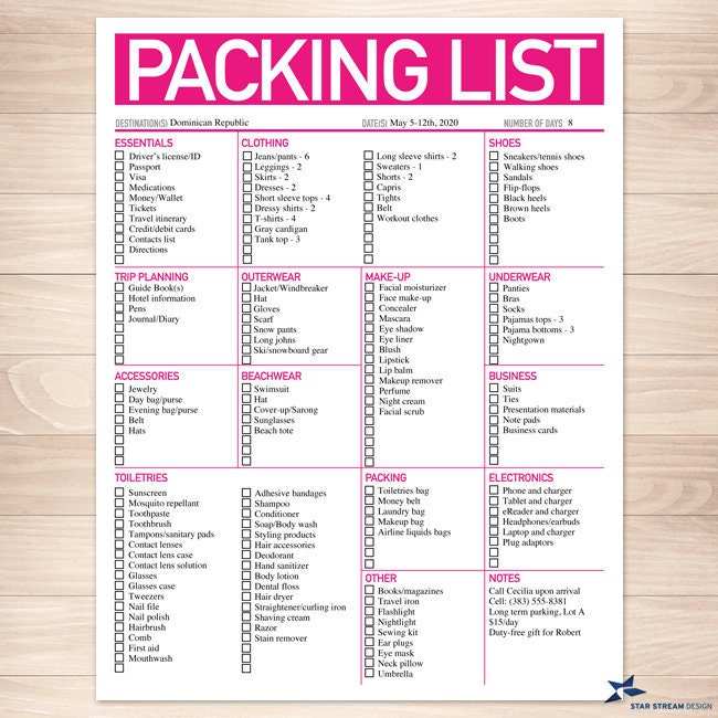 modern bright pink printable packing list 8 5x11 etsy