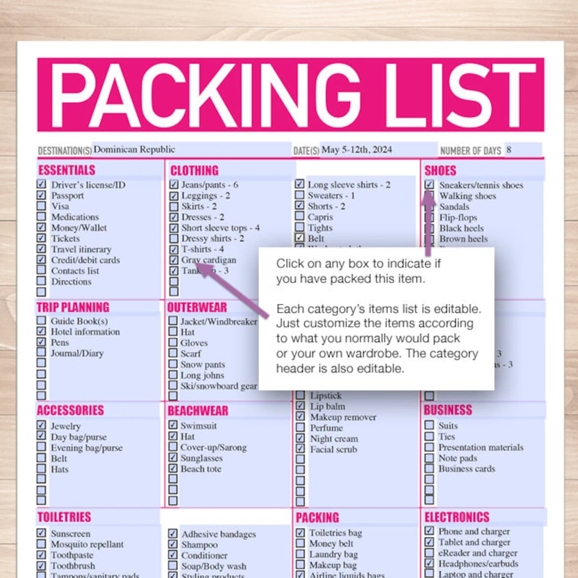 Modern Bright Pink Printable Packing List, 8.5"x11", Editable PDF ...