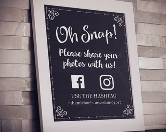 Printable Chalkboard Social Media Geofilter Sharing Wedding or Event Hashtag Sign - Black, 8"x10", Editable PDF, Instant Download