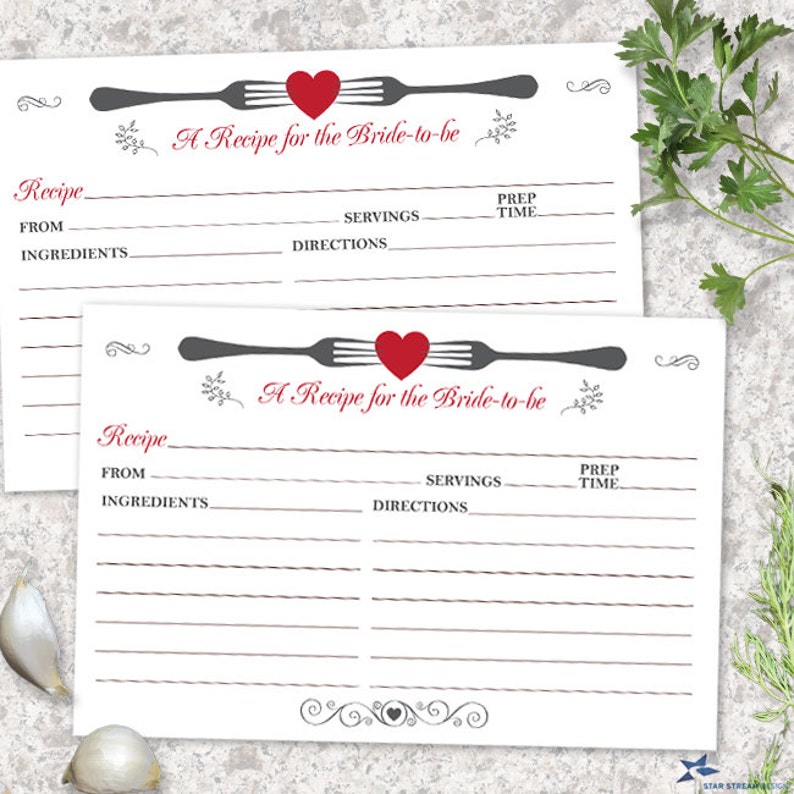 Printable Forked Heart Recipe Card Bridal Wedding Shower | Etsy