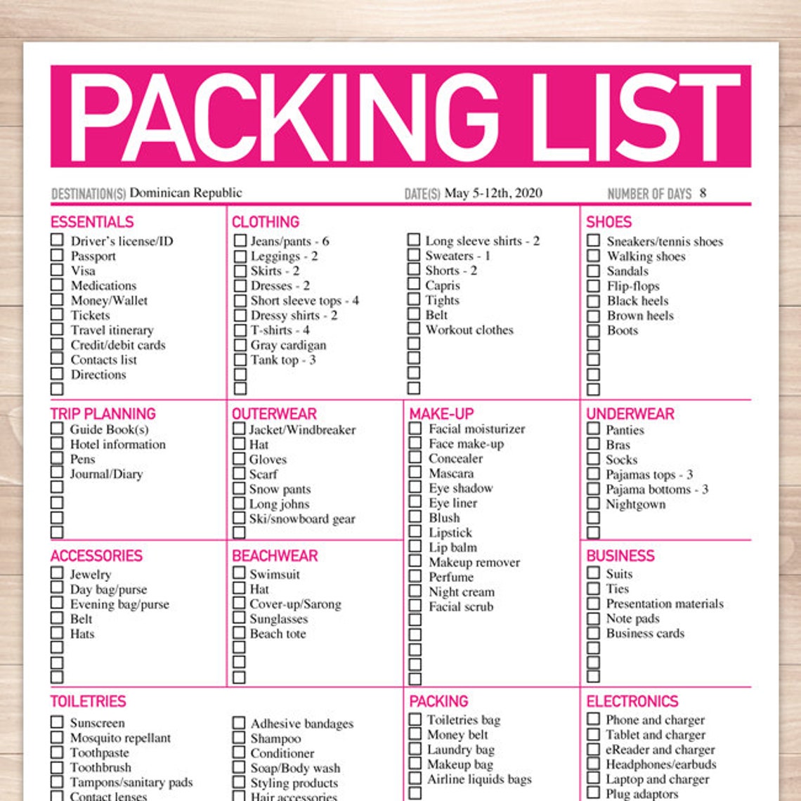Modern Bright Pink Printable Packing List, 8.5"x11", Editable PDF ...