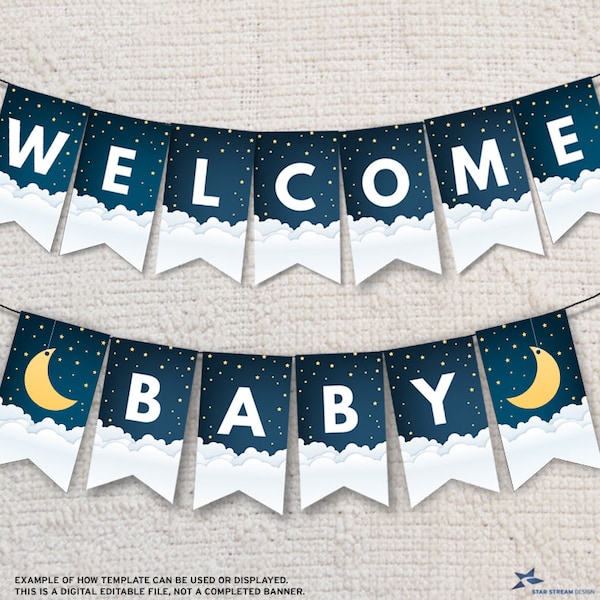 Over the Moon Baby Shower, Baby Sprinkle, Sip and See Create Your Own Message Bunting - 4.5"x8" Flags Editable PDF Instant Download