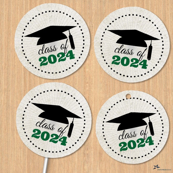 Class of 2024 Graduation Cap 1.5" Printable Images - Green, Instant Download, for envelope seals, stickers, tags, buttons, cupcake toppers