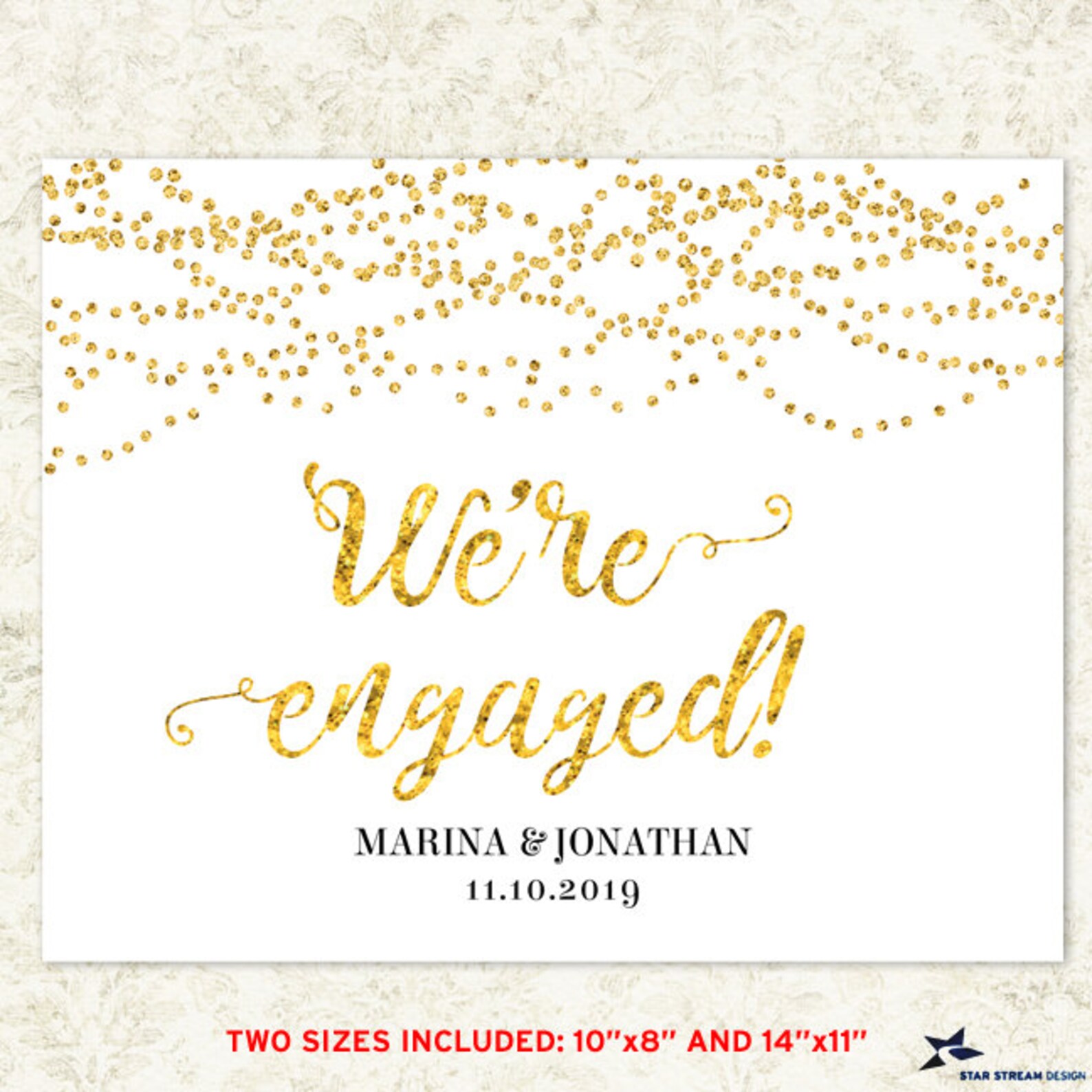 Engaged Sign On String Printable Gold Foil Look We're Engaged String Lights Sign - Etsy