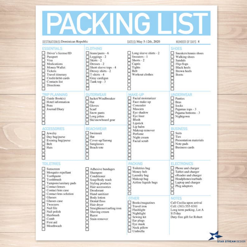 Printable Impressive Mild Blue Packing Checklist, 8.5\ graphic regarding Cruise Packing Checklist Printable named Printable Impressive Gentle Blue Packing Record, 8.5\