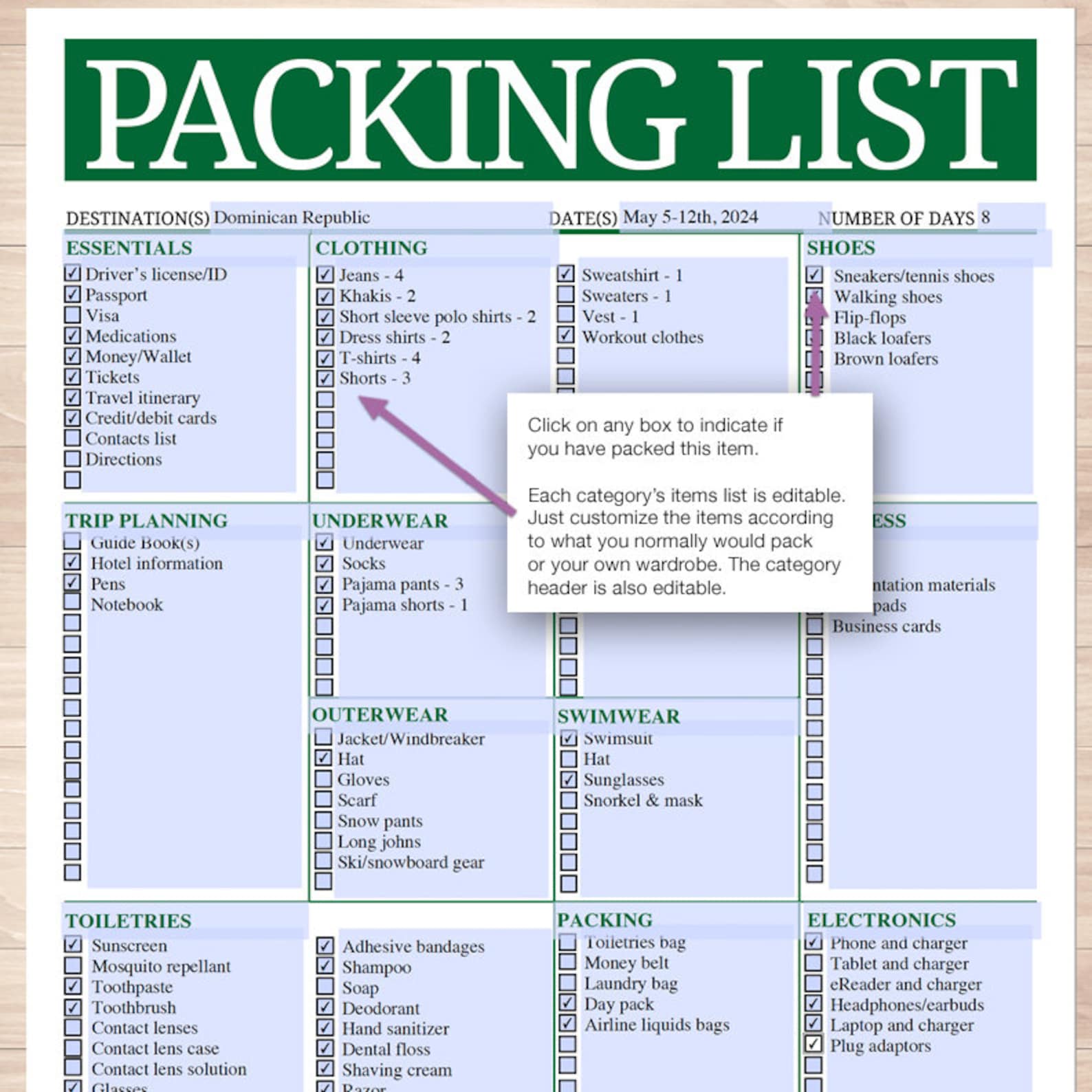 Modern Green Mens or Unisex Printable Packing List | Etsy