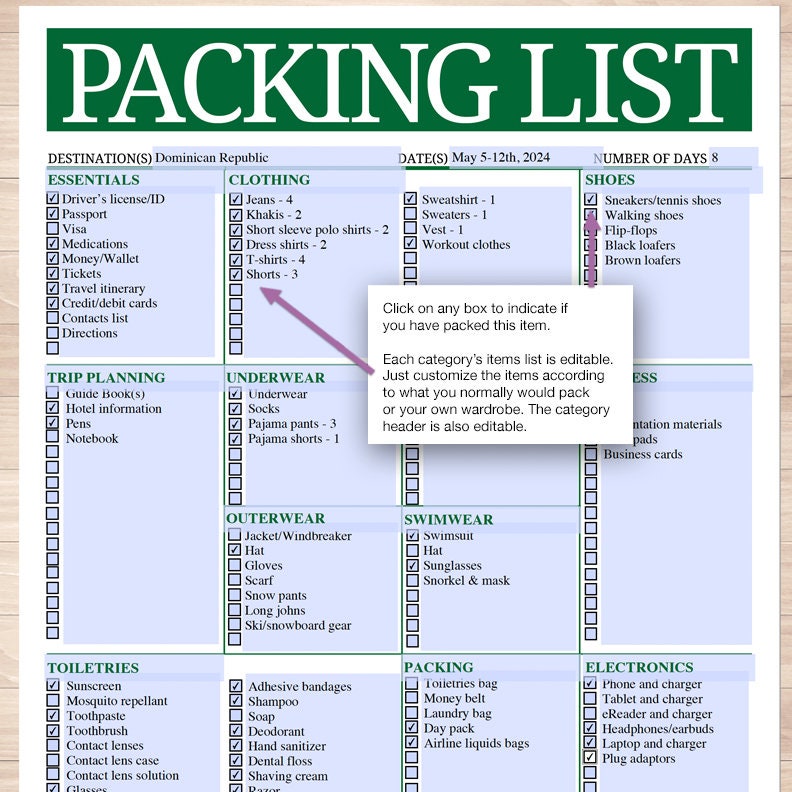Modern Green Mens or Unisex Printable Packing List | Etsy
