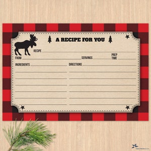 Tarjeta de receta de papel Kraft falso rústico de alce a cuadros de búfalo imprimible, despedida de soltera, 6x4", PDF y JPG, descarga instantánea (no editable)