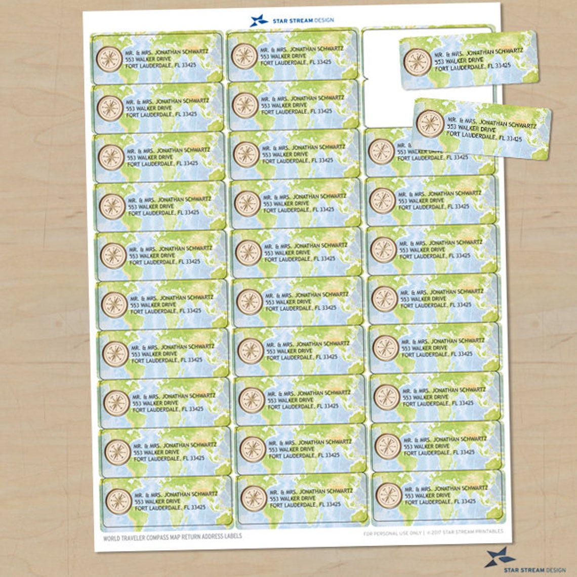 Compass and World Travel Map Printable Return Address Labels, 30 ...