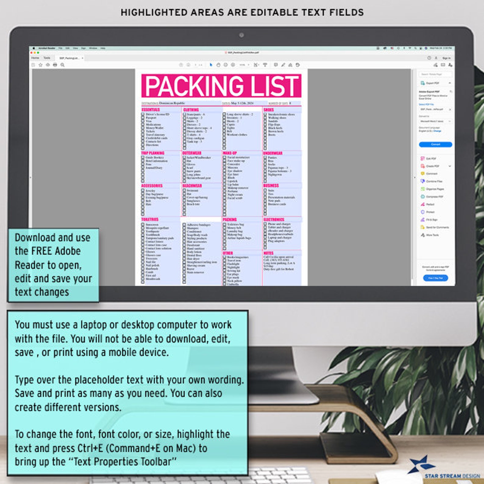 Modern Bright Pink Printable Packing List, 8.5"x11", Editable PDF ...