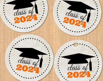 Class of 2024 Graduation Cap 1.5" Printable Images - Orange, Instant Download, for envelope seals, stickers, tags, buttons, cupcake toppers