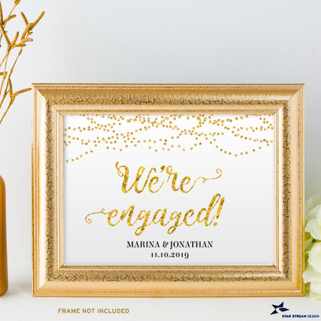 Engaged Sign On String Printable Gold Foil Look We're Engaged String Lights Sign, 2 Sizes: 14 ...