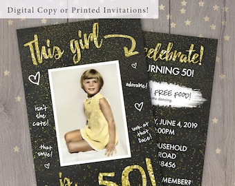 50th Birthday Party Invitation w/Photo, Glitter + Black, This girl is turning 50! PERSONALIZED -  Digital Download or Printing Available!