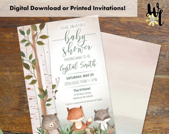 Woodland Themed Baby Shower Invitation | Gender Neutral Baby Shower | Woodland Animals | Fox Baby Shower | Digital or Printed Invitations