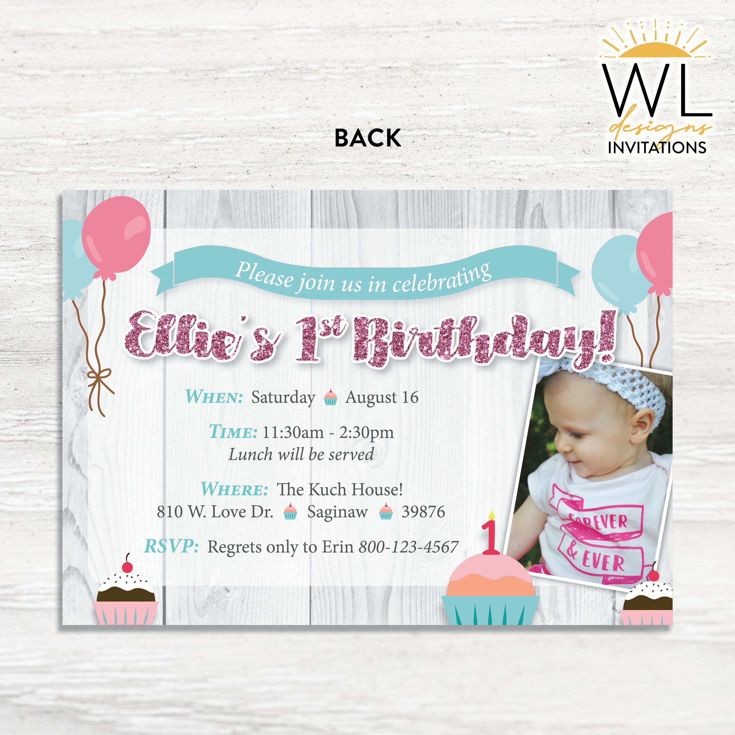 Baby Girl Cupcake Themed First Birthday Invitation Baby Girl Etsy France